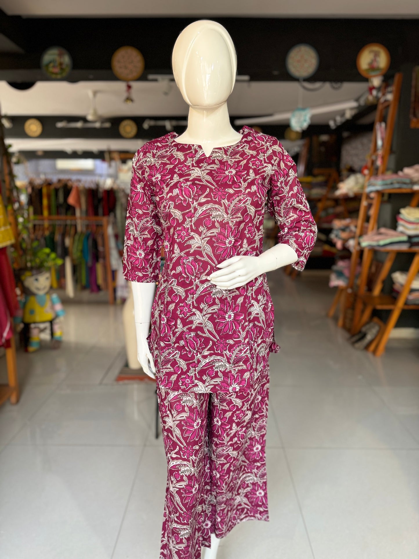 Purple floral printed cotton lounge wear set