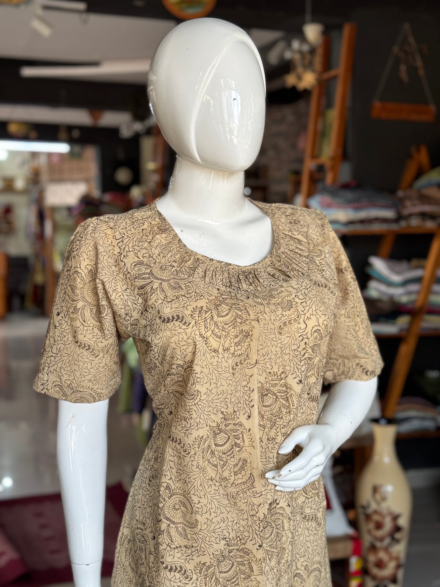 Kalamkari hand block printed cotton straight kurti with fancy neckline