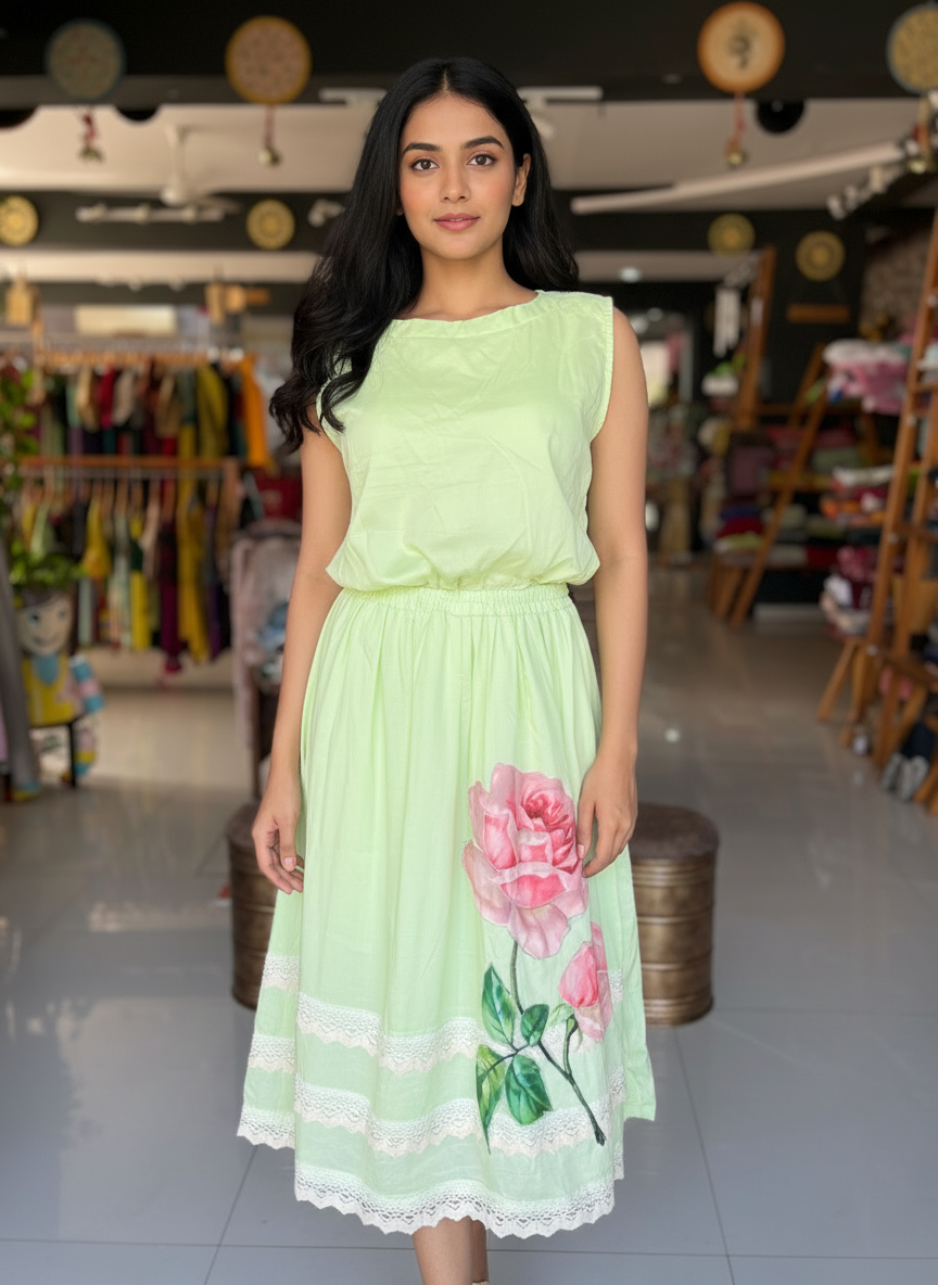 Pastel pista green crop top and flower Appliq skirt with lace coord set