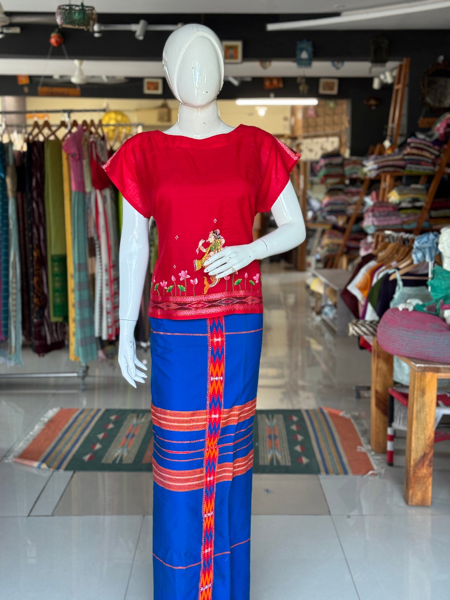 Red Patachitra hand painted, handwoven cotton top with ikat border