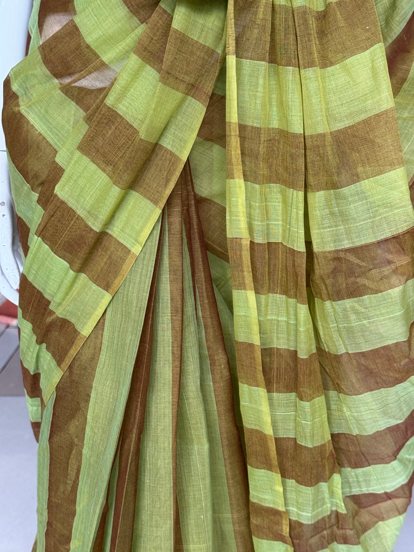 Green brown vertical stripes light weight soft handloom Bobbili cotton saree