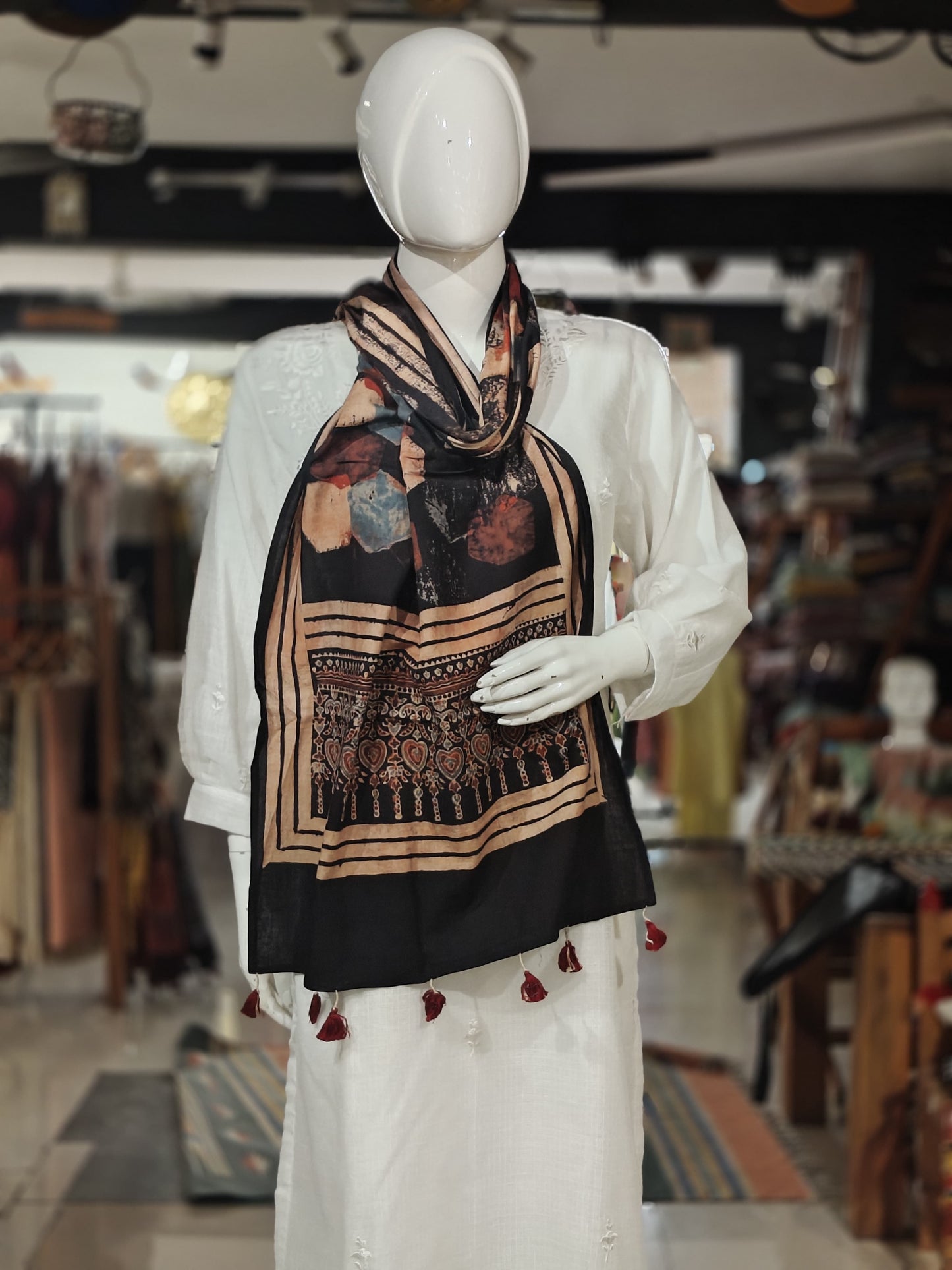 Ajrakh cotton stole - hand block geometric prints