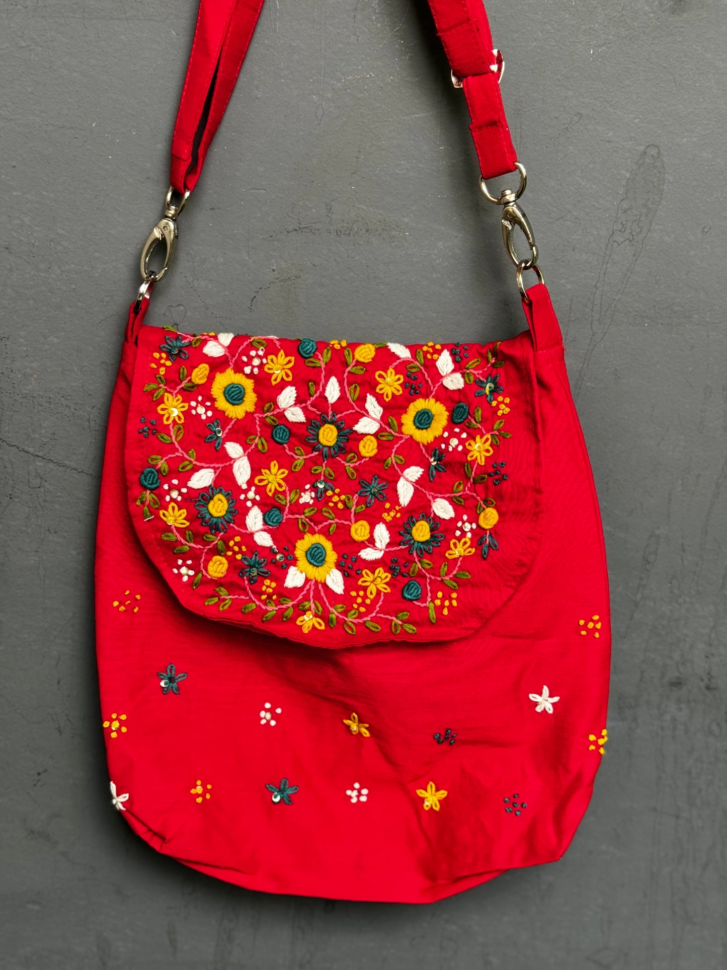 Light weight fabric bag with colourful hand embroidery - adjustable length sling bag