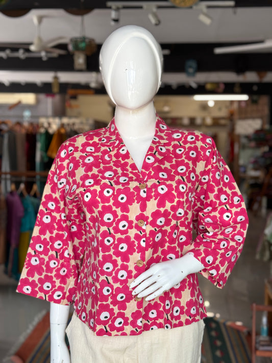 Red floral cotton hand block printed boxy shirt