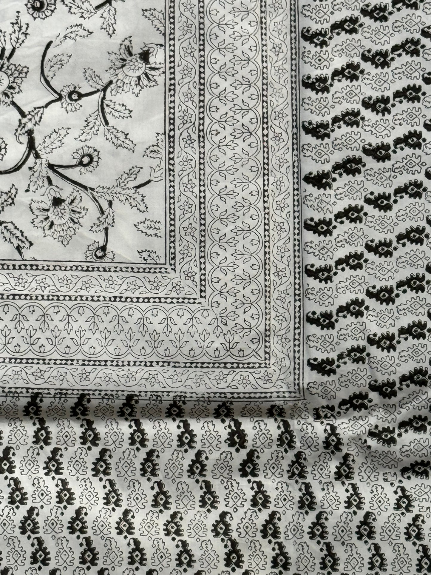 Black floral print (brass hand block prints) on white base pure fine cotton super king size bedsheet