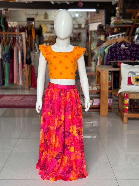 Bright pink and orange modal digital printed lehenga skirt and cotton top - 2 piece set