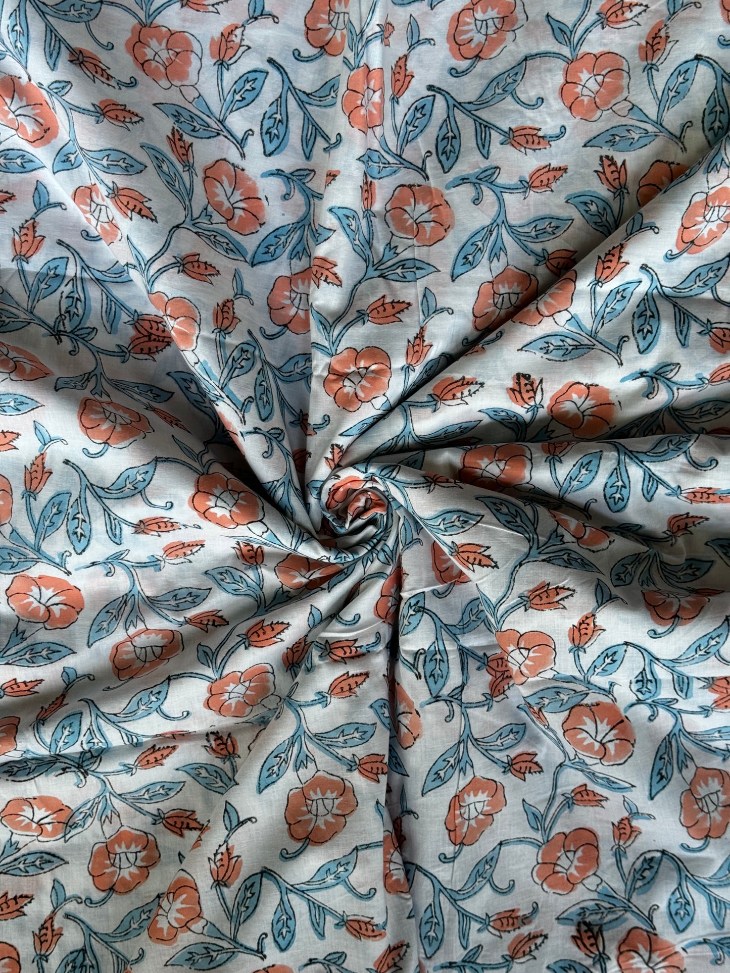 White with peach flowers and blue leaves hand block printed soft cotton fabric