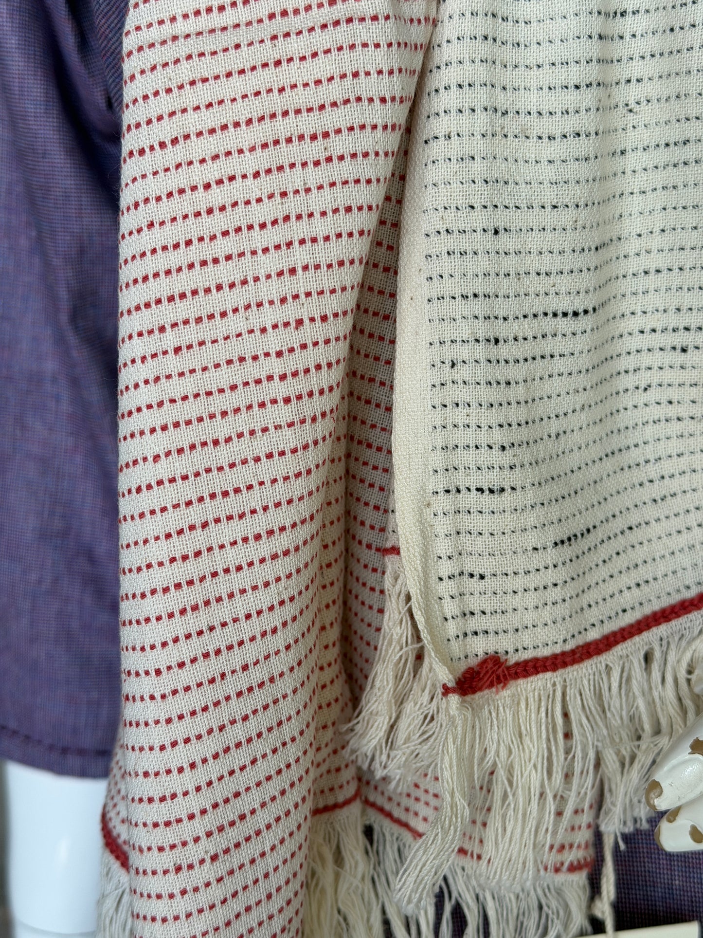 Off white hand spun, hand woven cotton scarf / stole with red and black woven lines - unisex