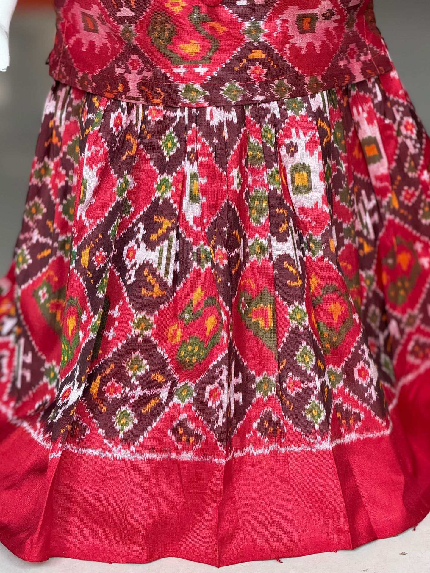 Maroon handwoven ikat pure silk lehenga (pattu langa) with pattu frilled sleeves blouse set