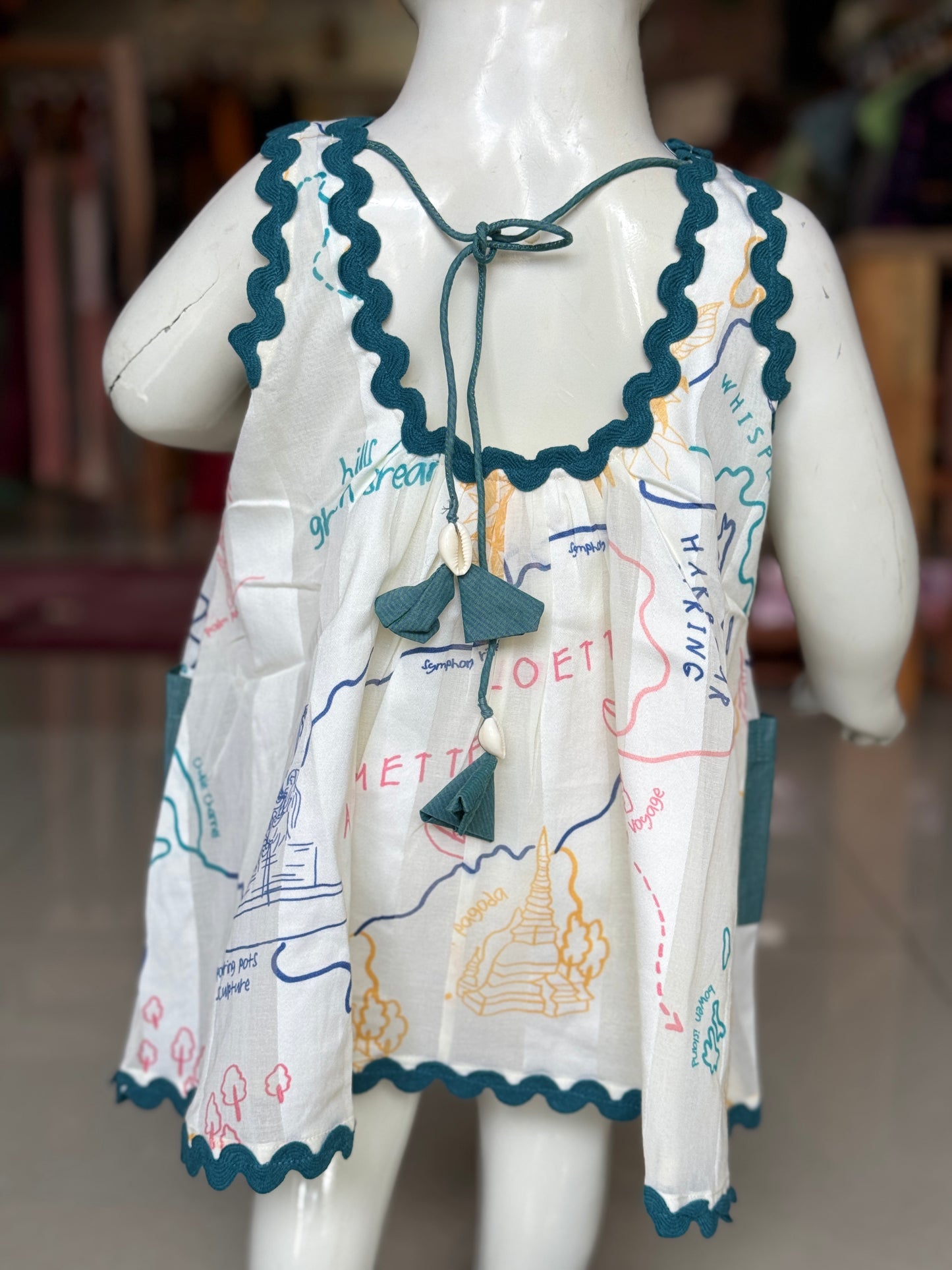 Off white soft cotton stripes frock with travel theme digital print