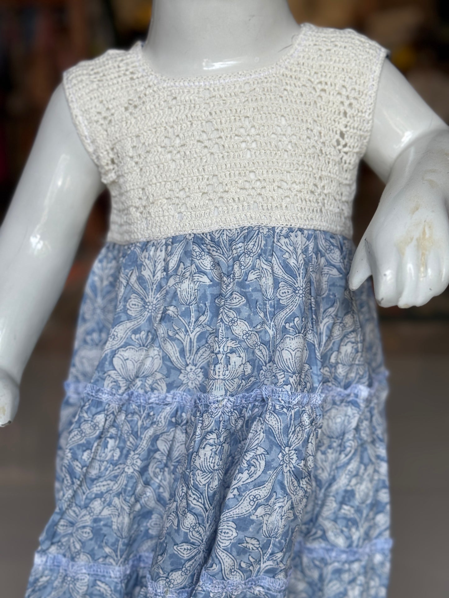 Tiered hand block printed cotton frock with crochet yoke for girls