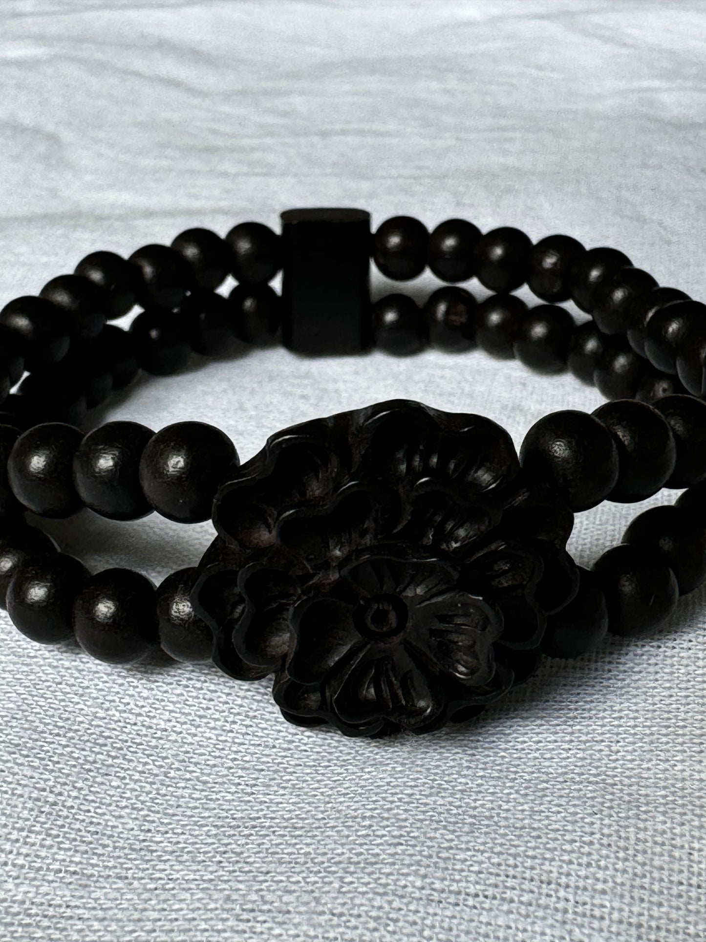 Black ebony wood 2 layers beads bracelet with carved flower center - free size, with elastic