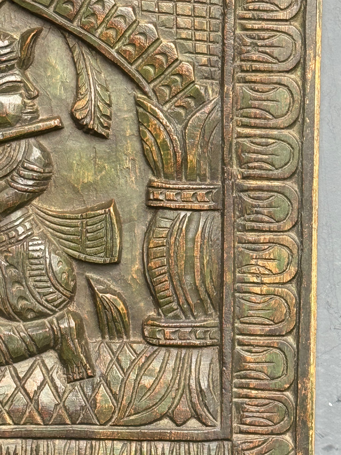 Krishna wall decor frame in distress finish wood - hand carved wall hanging