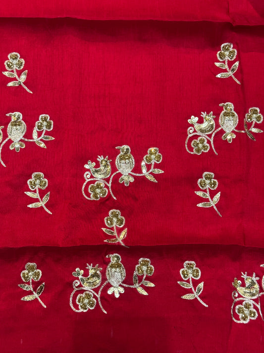 Birds and flowers - hand embroidered red silk unstitched blouse piece