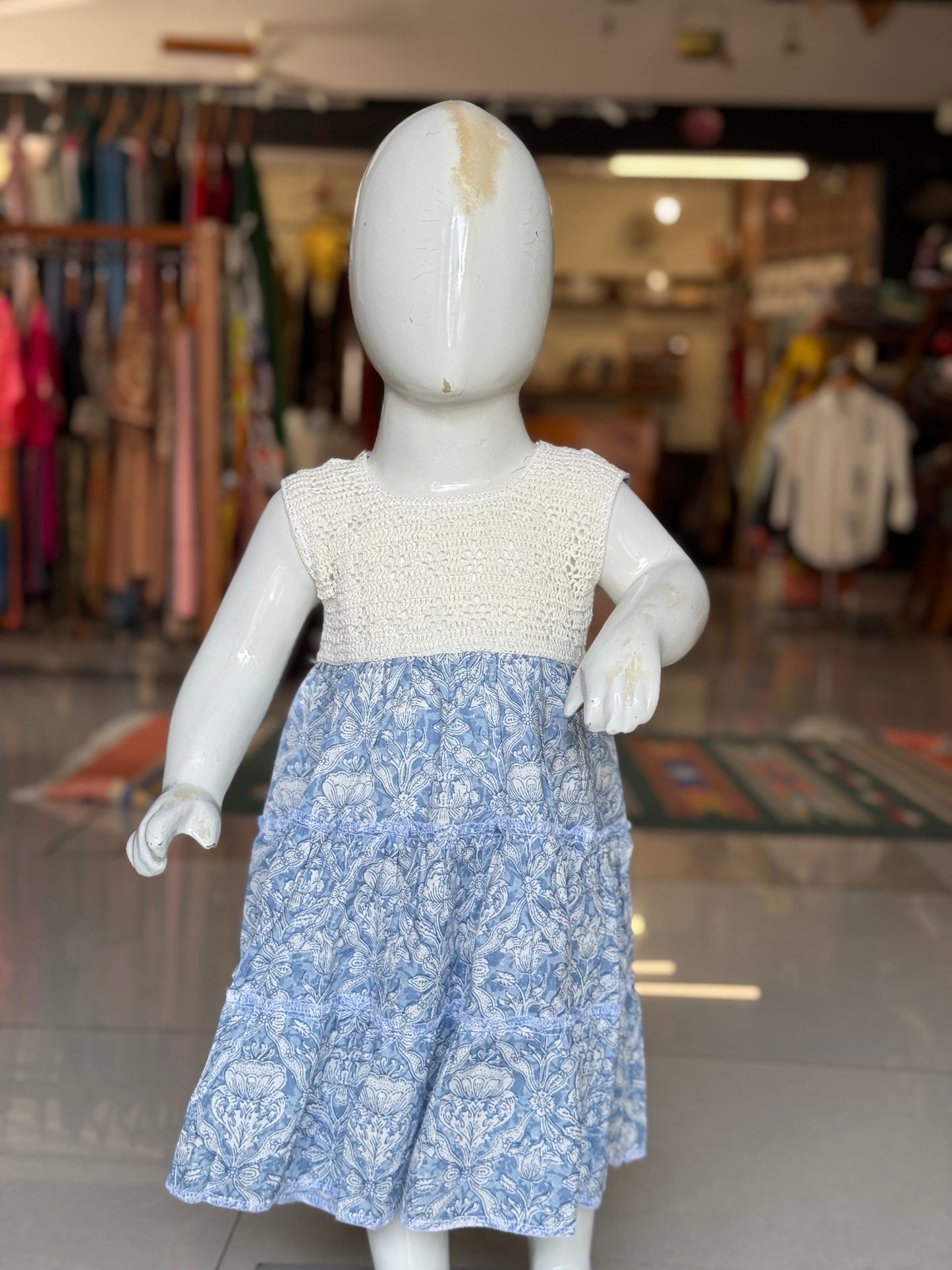 Tiered hand block printed cotton frock with crochet yoke for girls