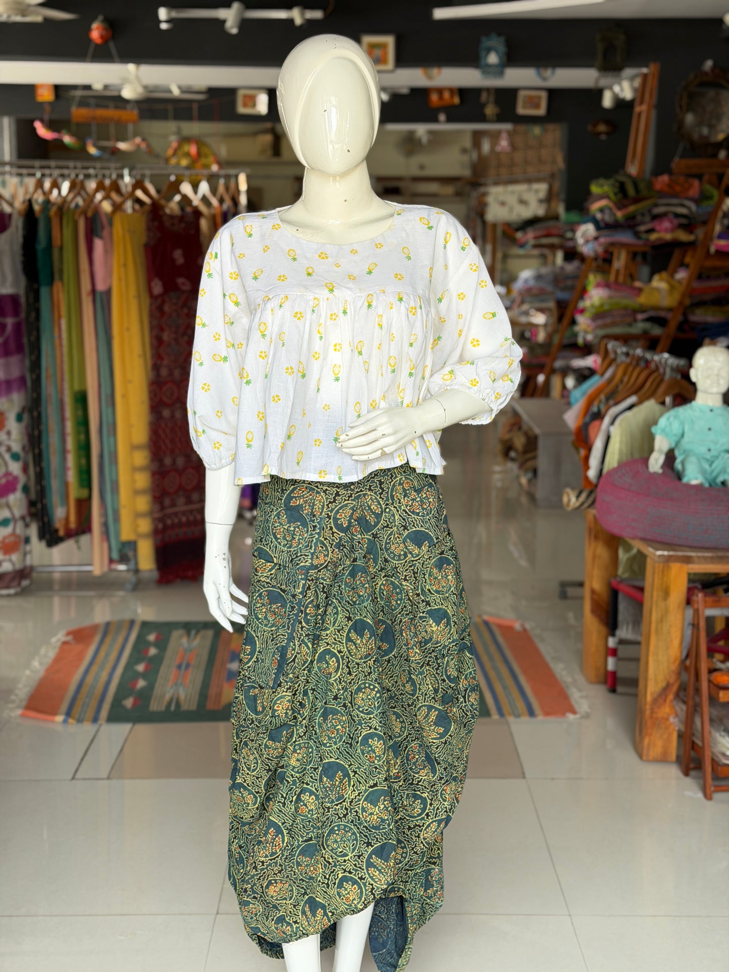 Green flowers Ajrakh natural dyed, hand block printed cotton designer skirt - with pockets