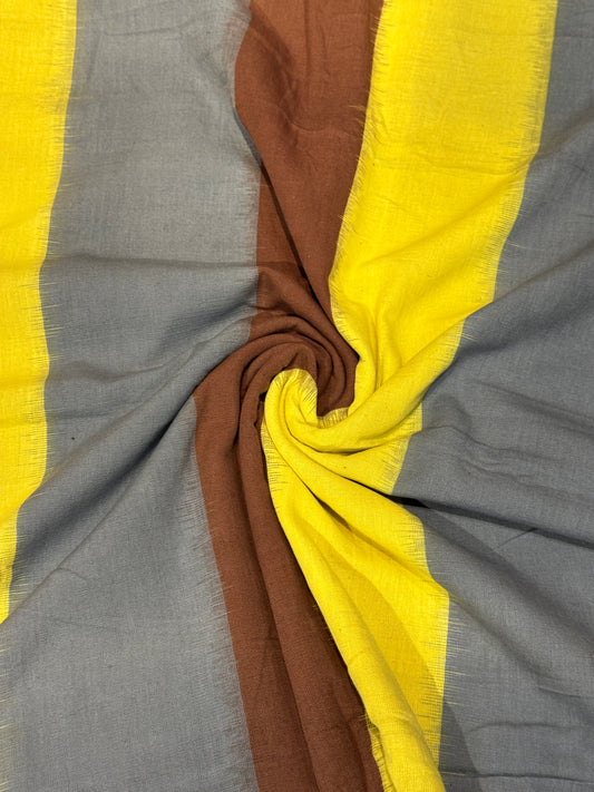 Yellow, brown and grey stripes cotton handloom ikat fabric
