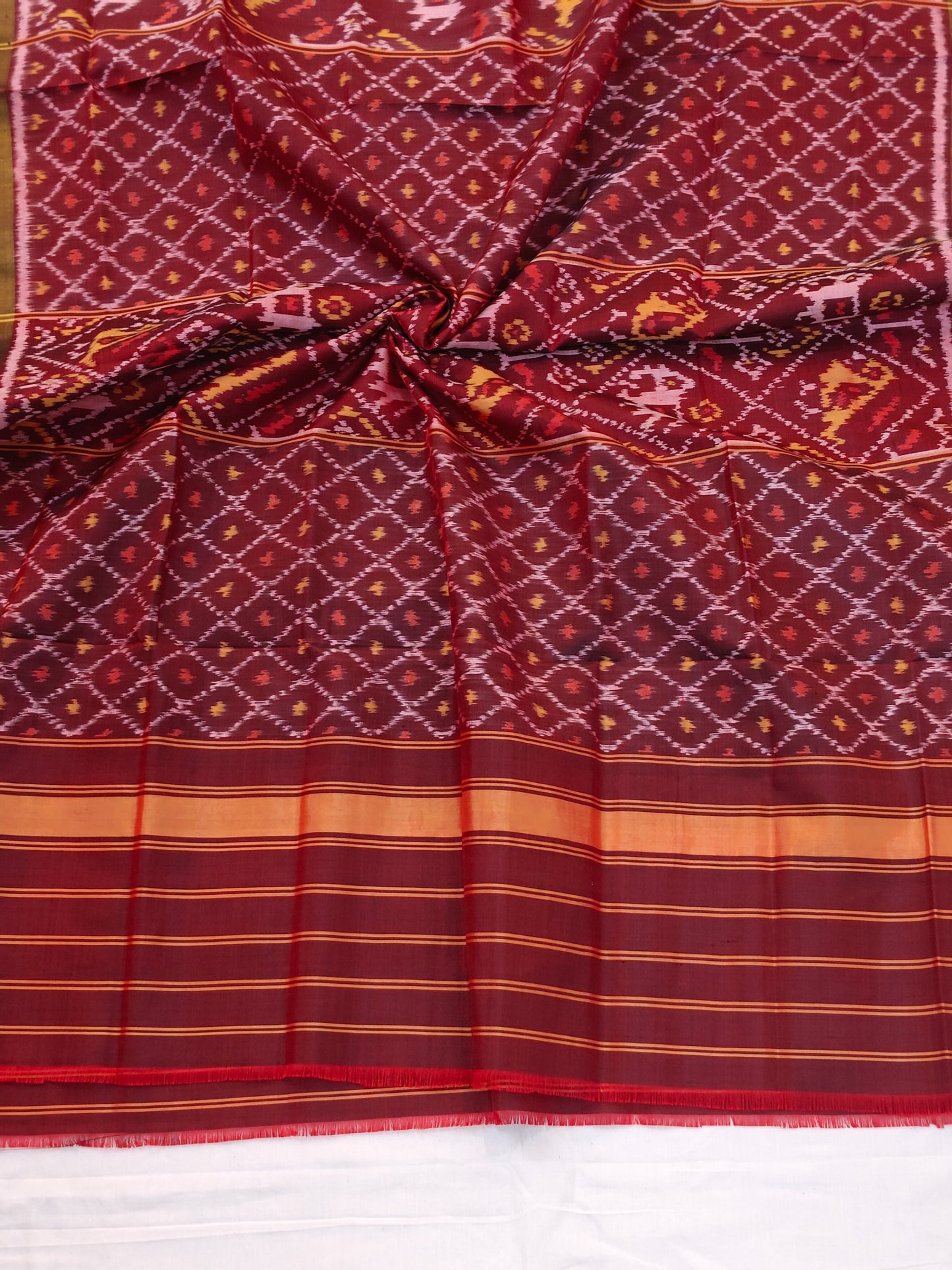 Maroon handwoven mulberry silk ikat patola dupatta