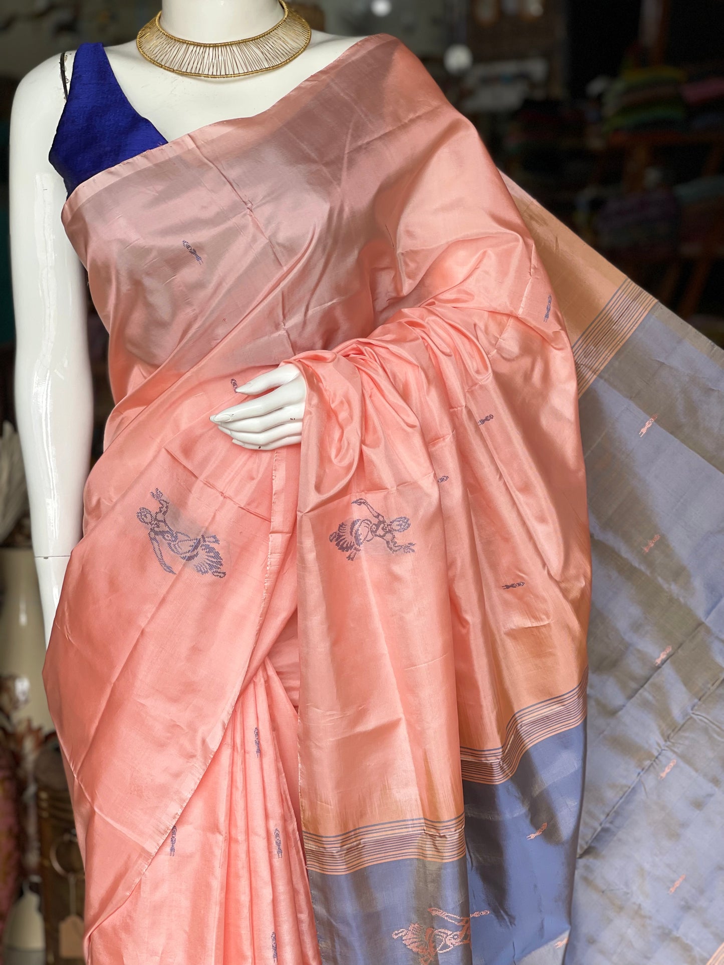 Peach classical dancer motif banana silk handloom saree