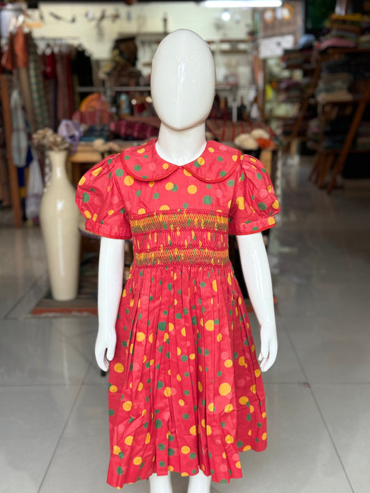 Red colorful polka dots cotton smocking frock