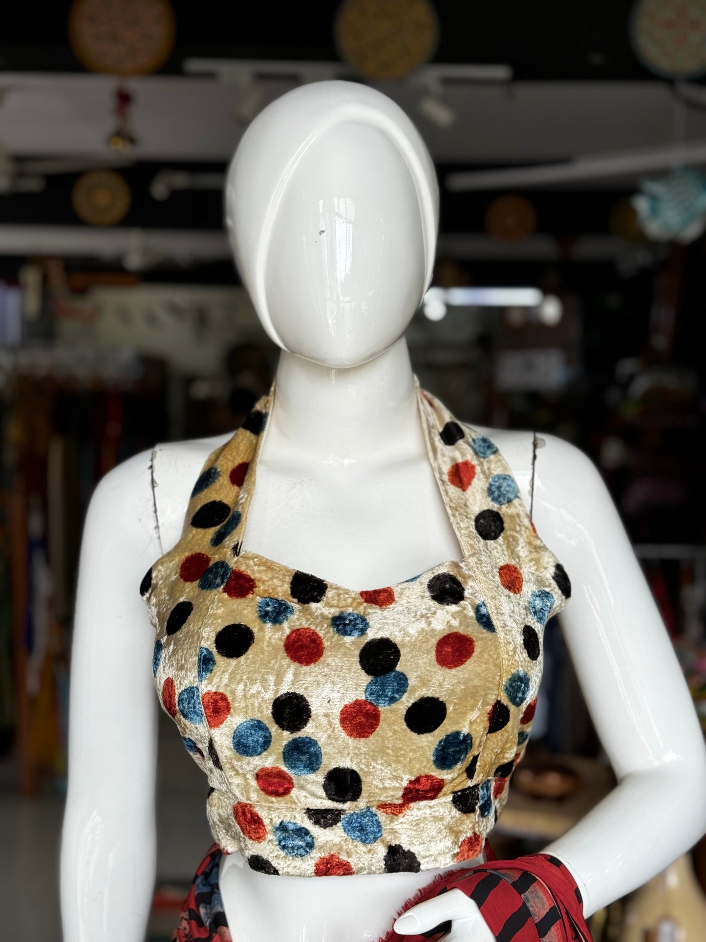 Cream velvet hand block printed fancy Ajrakh blouse with colorful big dots print