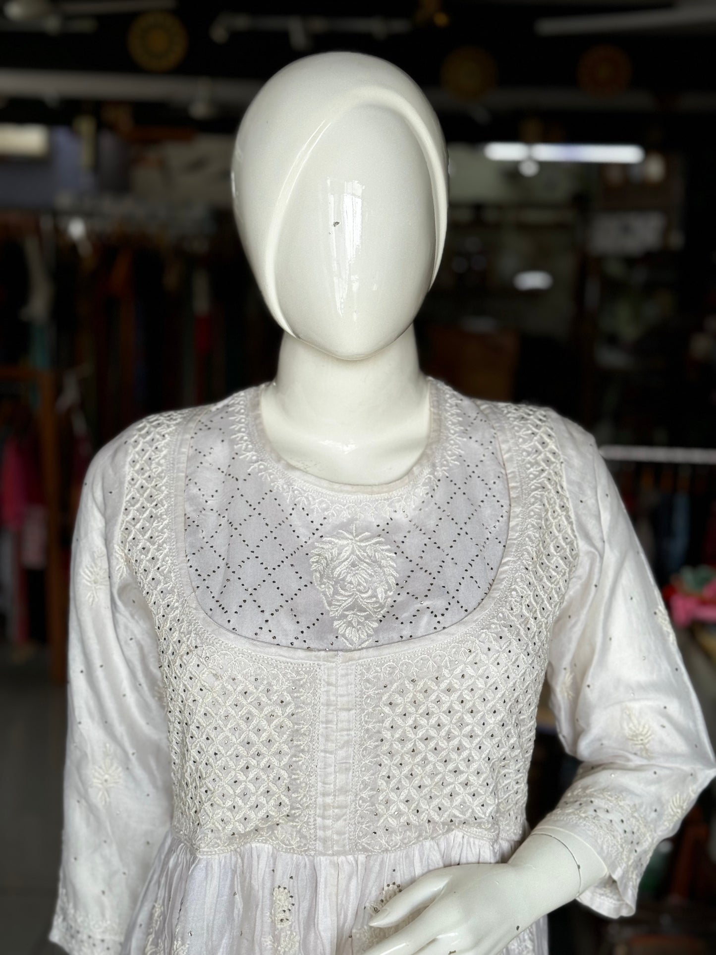 Off white chikankari mukaish hand embroidered anarkali dress