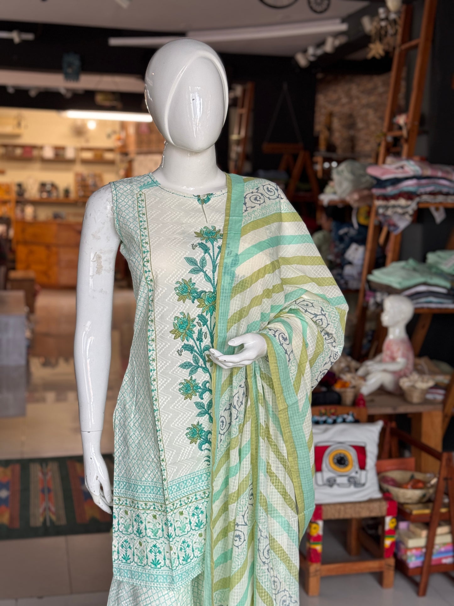Green n white cotton short kurti, sharara pants and dupatta - 3 piece hand block printed set