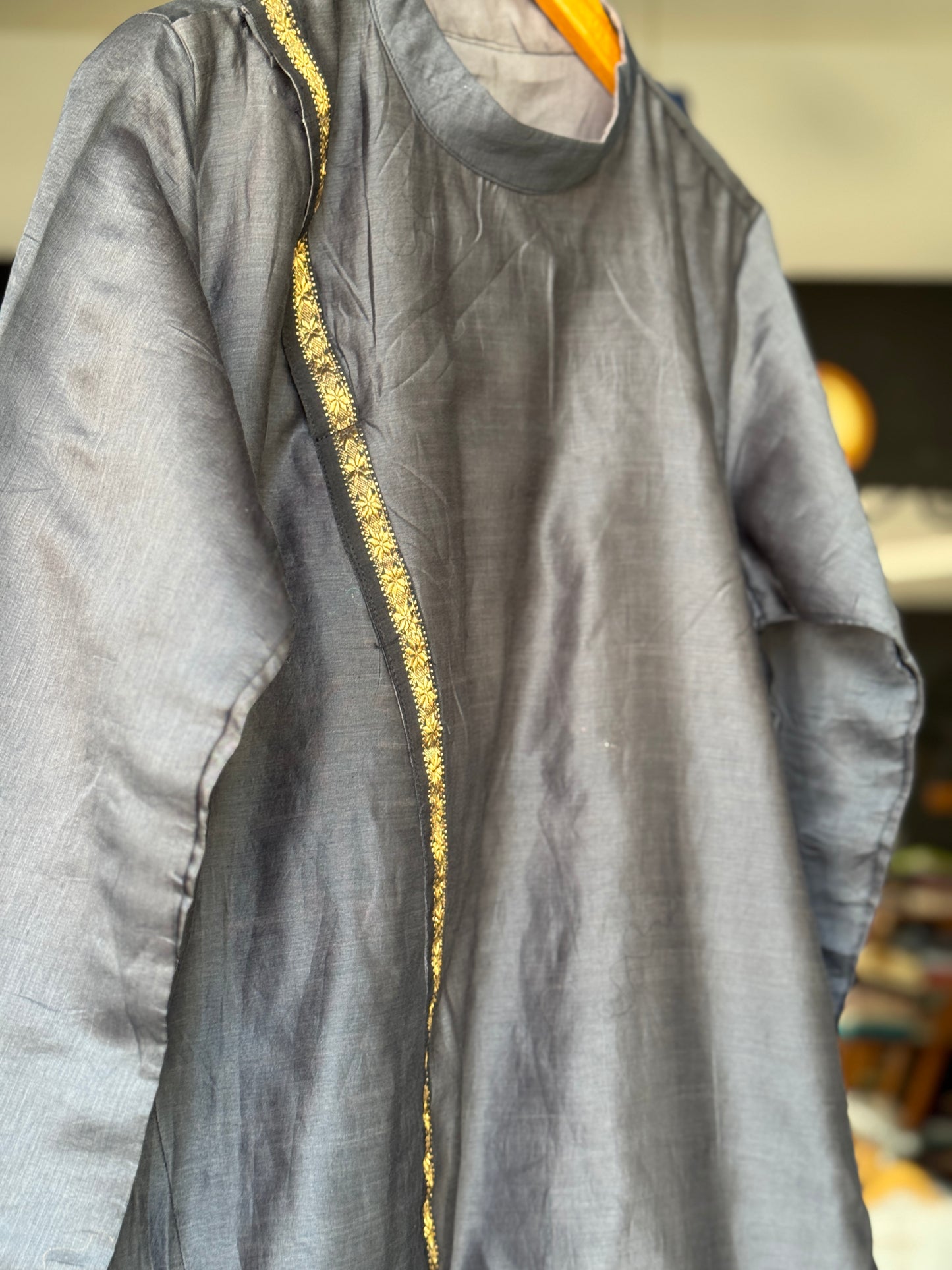 Grey Maheshwari silk cotton handwoven full sleeves kurta for boys with asymmetric border detailing