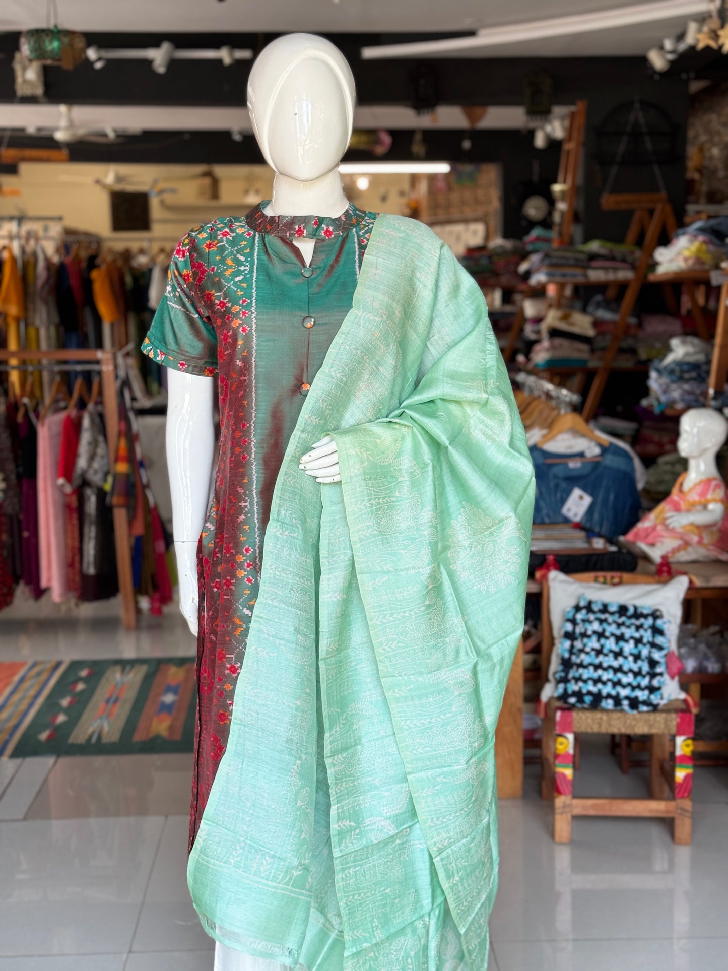 Pastel green - hand block printed tussar silk dupatta