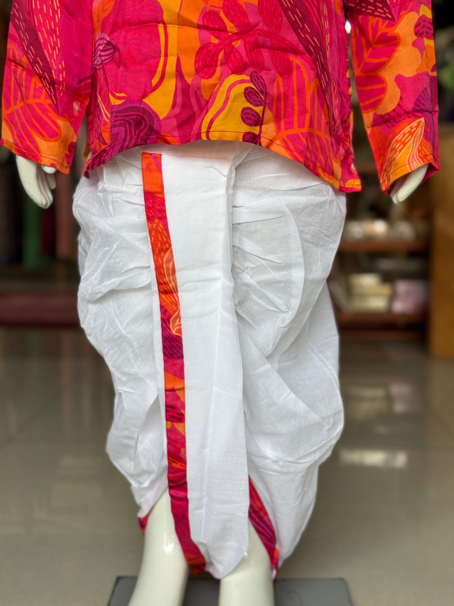 Bright n soft modal red short kurta, white cotton dhoti pants - 2 piece ethnic wear set for boys