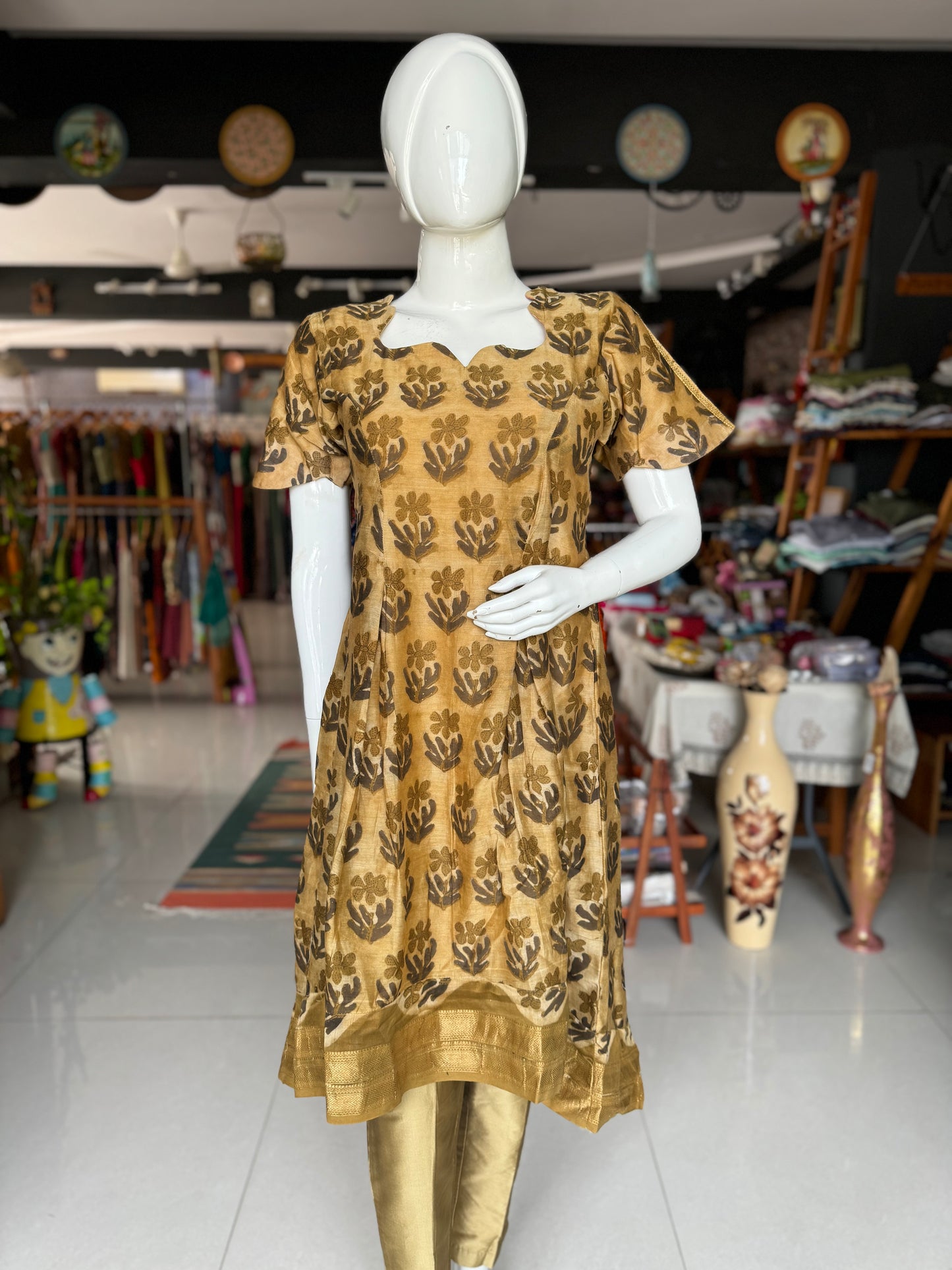 Olive green Vanaspati handblock printed Chanderi dress Kurti