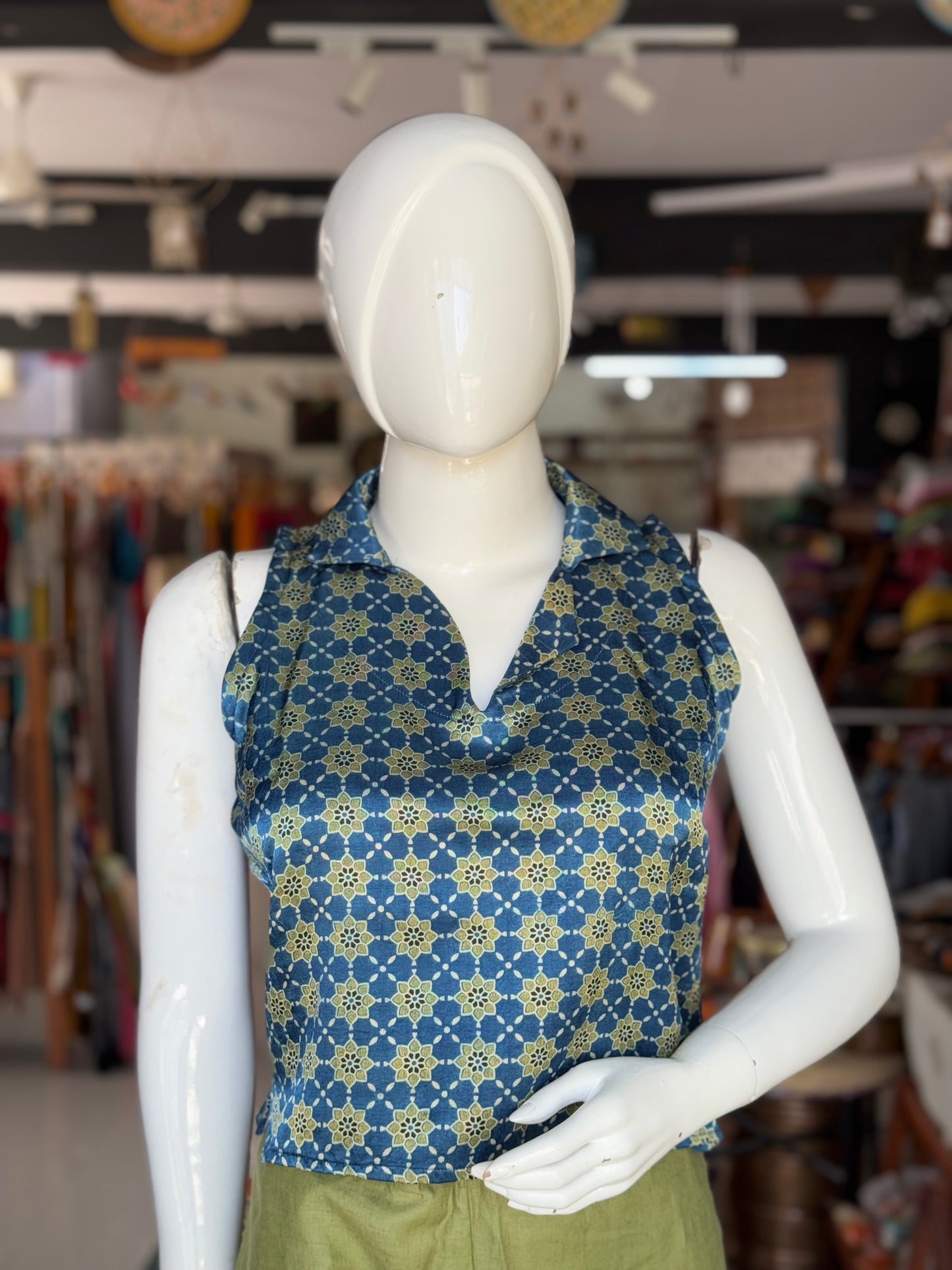 Mashru collared sleeveless crop top / blouse in Ajrakh hand block print