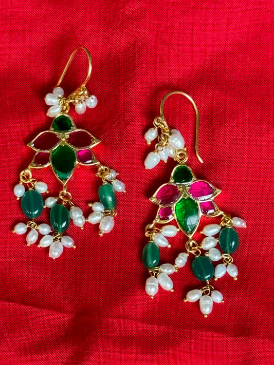 Pink and green stones gutta poosalu hooks earrings - Gold polish 92.5 sterling silver