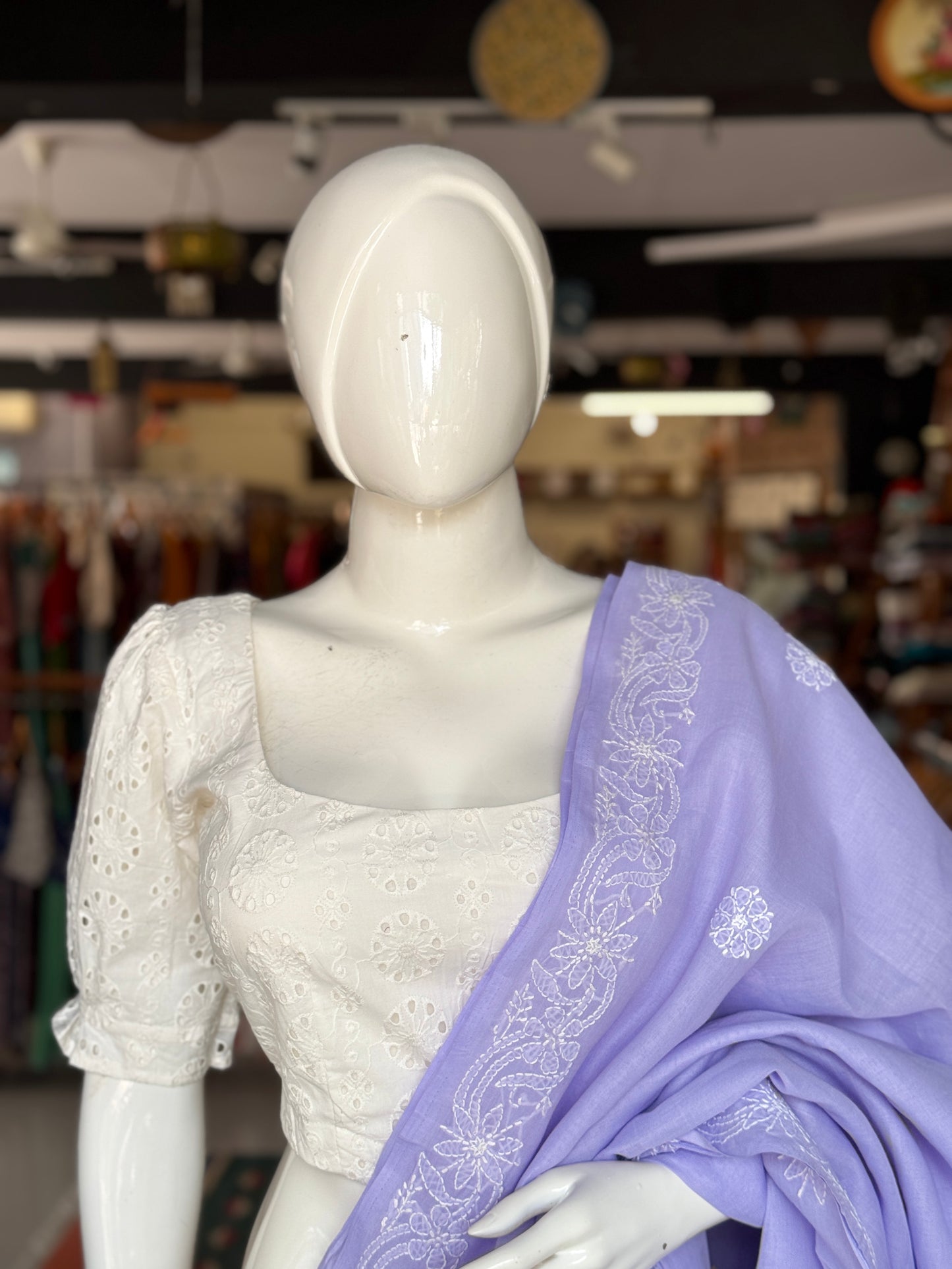 White hakoba cotton blouse with wide neck and puff sleeves