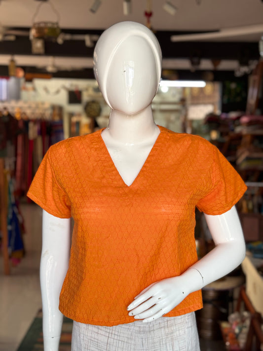 Orange dobby cotton short top for women