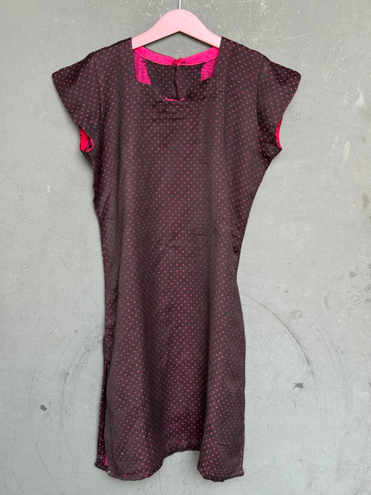 Black handloom mashru straight cut kurti for girls with pink dots