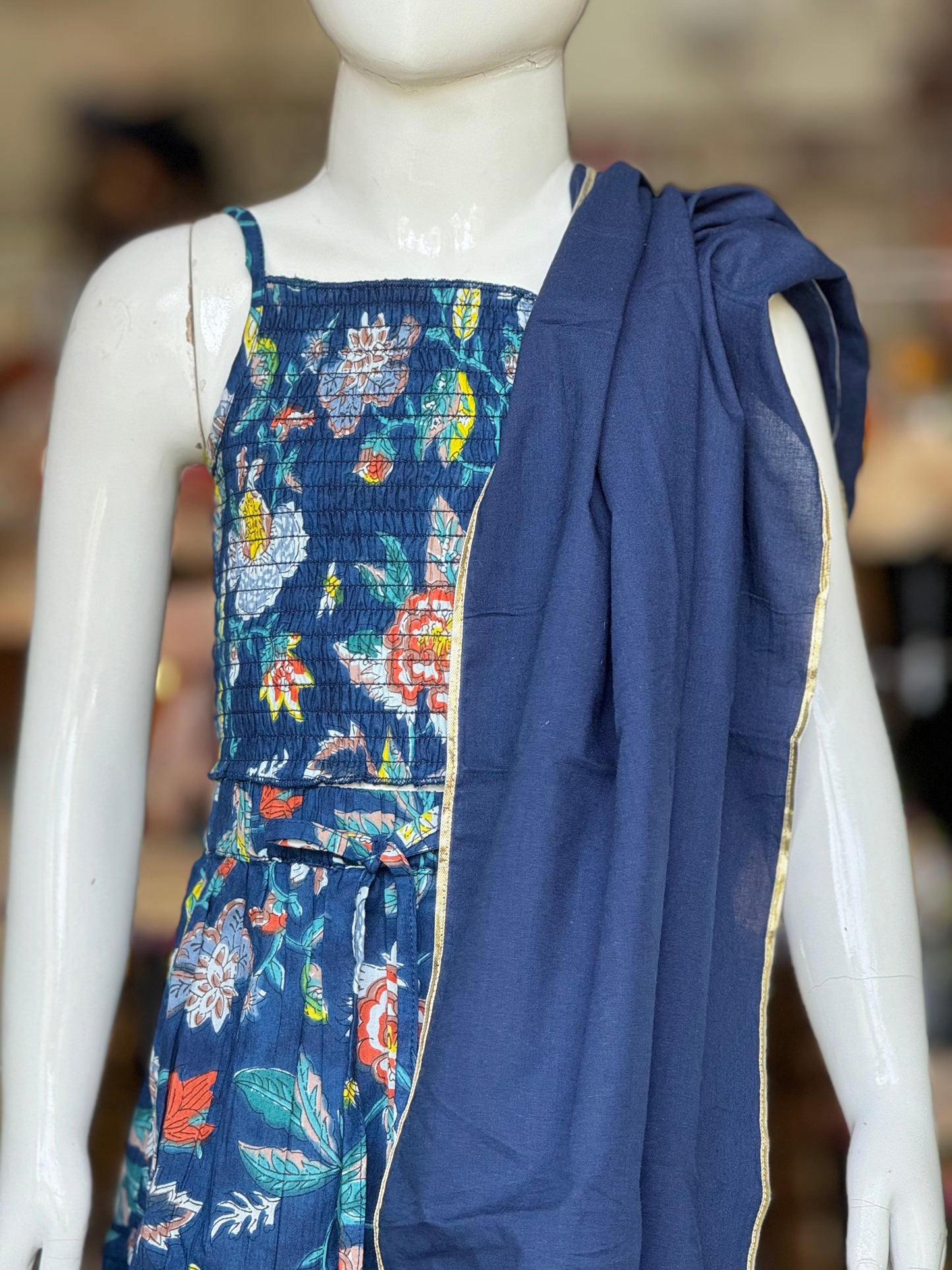 Navy blue floral hand block printed cotton lehenga, crop top, dupatta set for girls