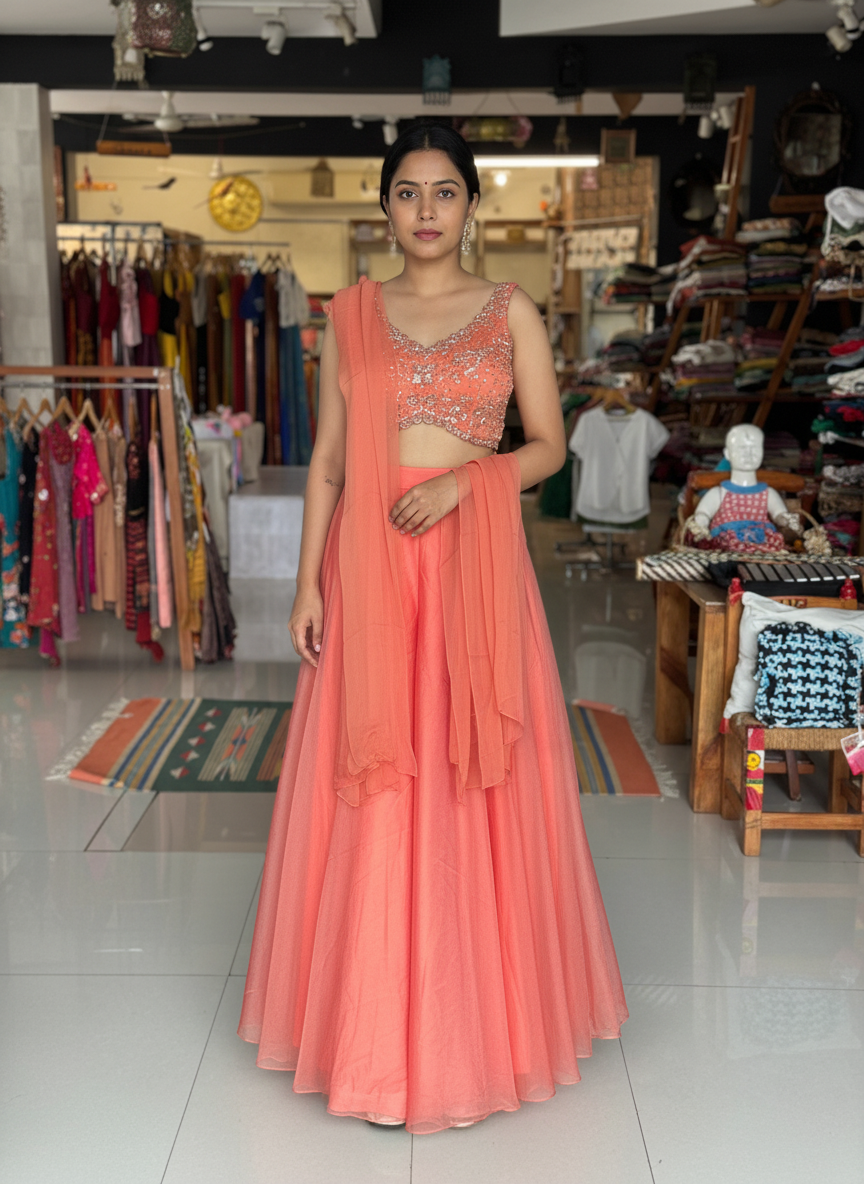 Rust orange hand embroidered georgette blouse top, organza plazo and georgette dupatta - 3 piece set