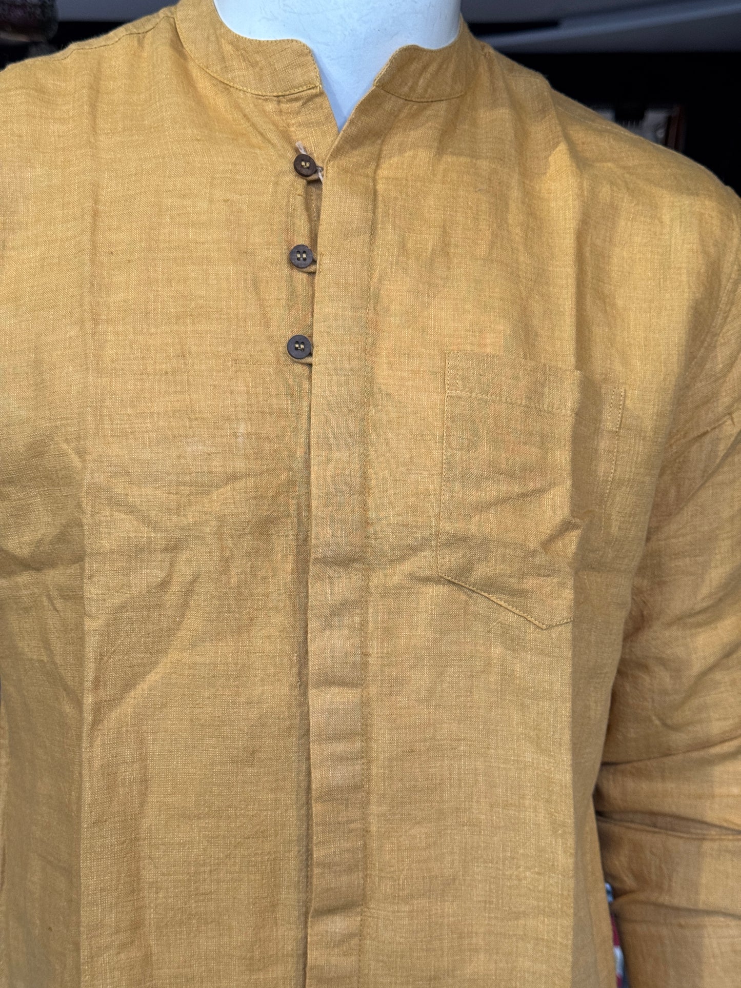 Mustard yellow handwoven linen band collared shirt for men