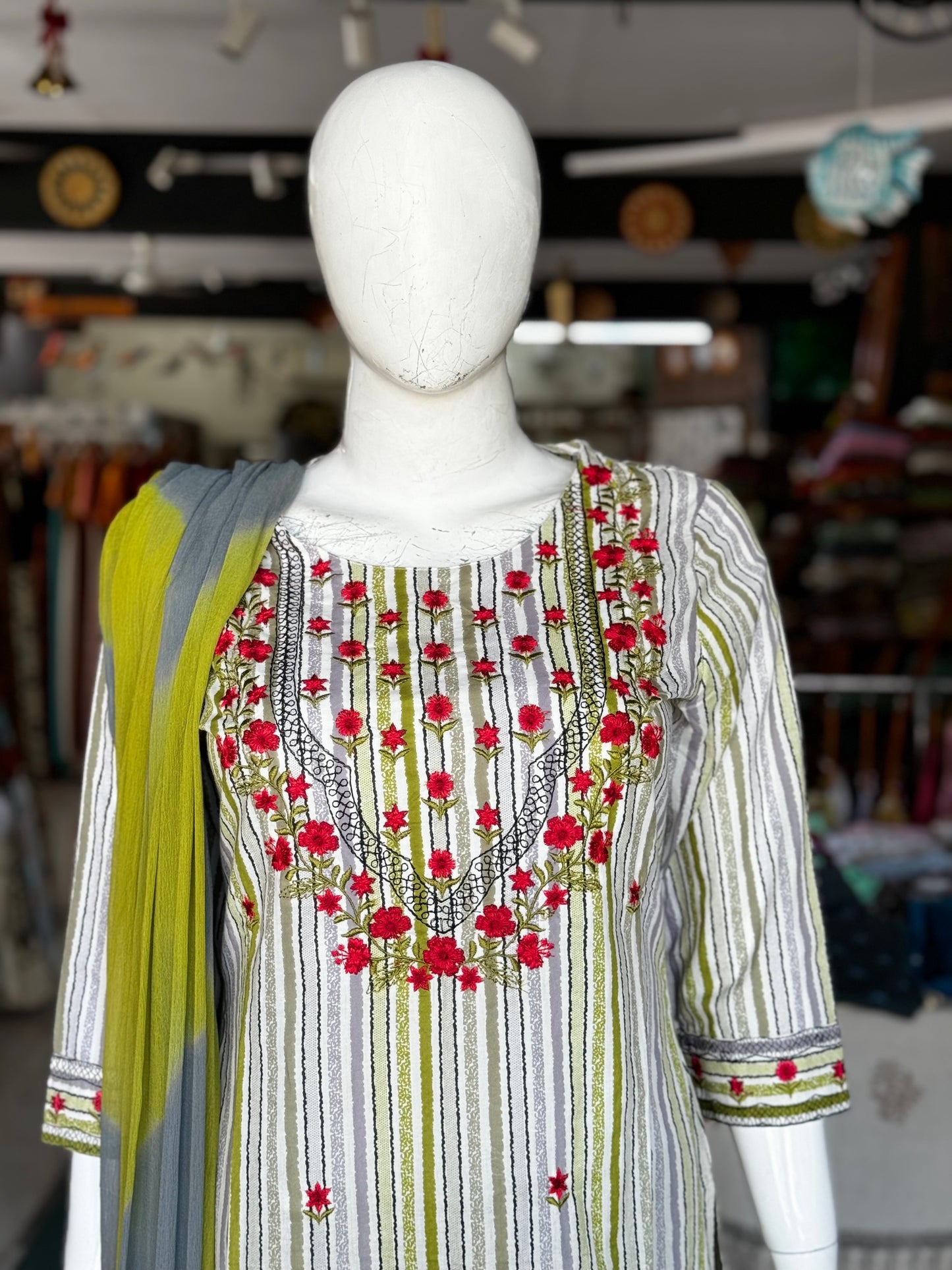 Green and grey stripes print cotton straight Kurti, pants and dupatta set - with embroidery on yoke