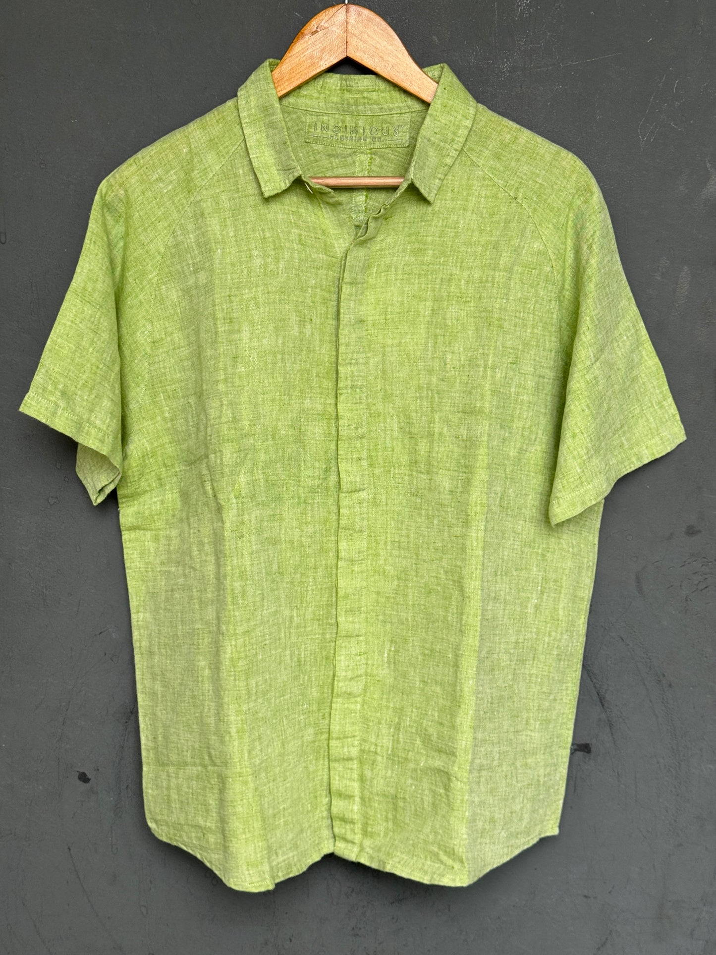 Green raglan sleeves handwoven linen shirt for men