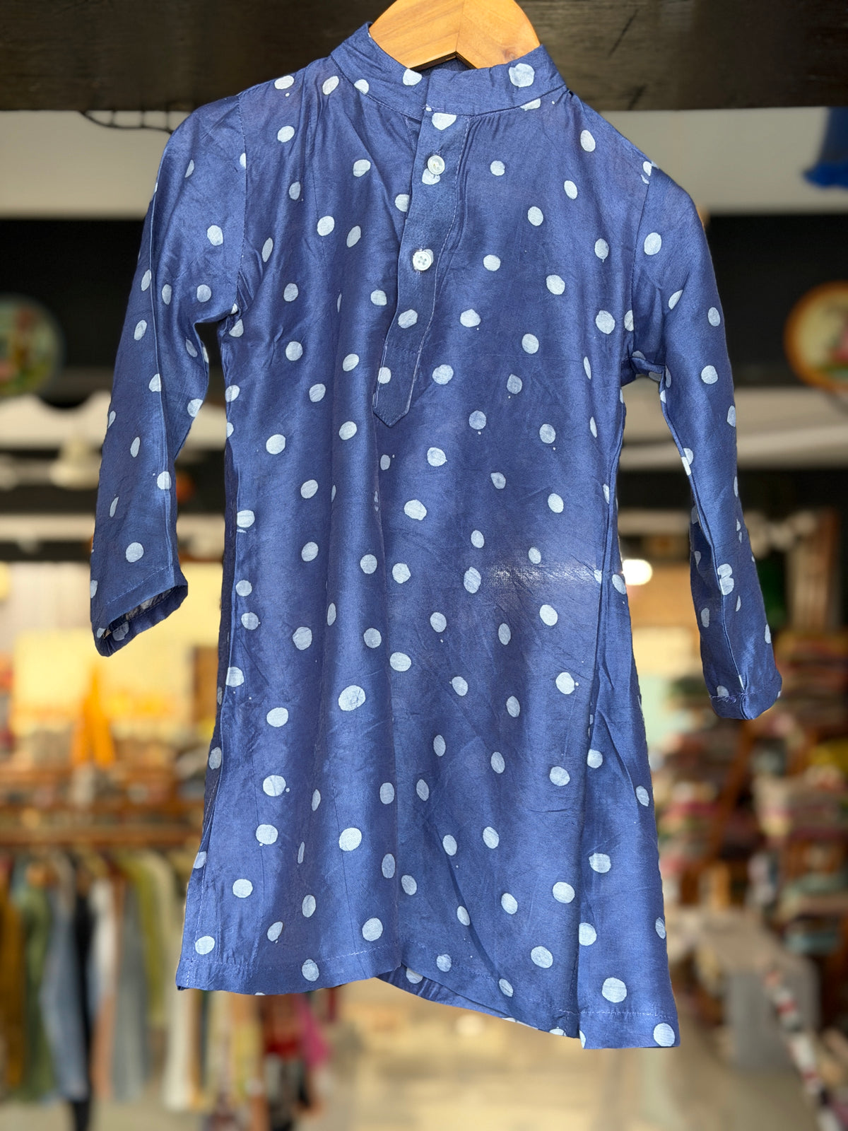 Blue polka dots batik long kurta for boys