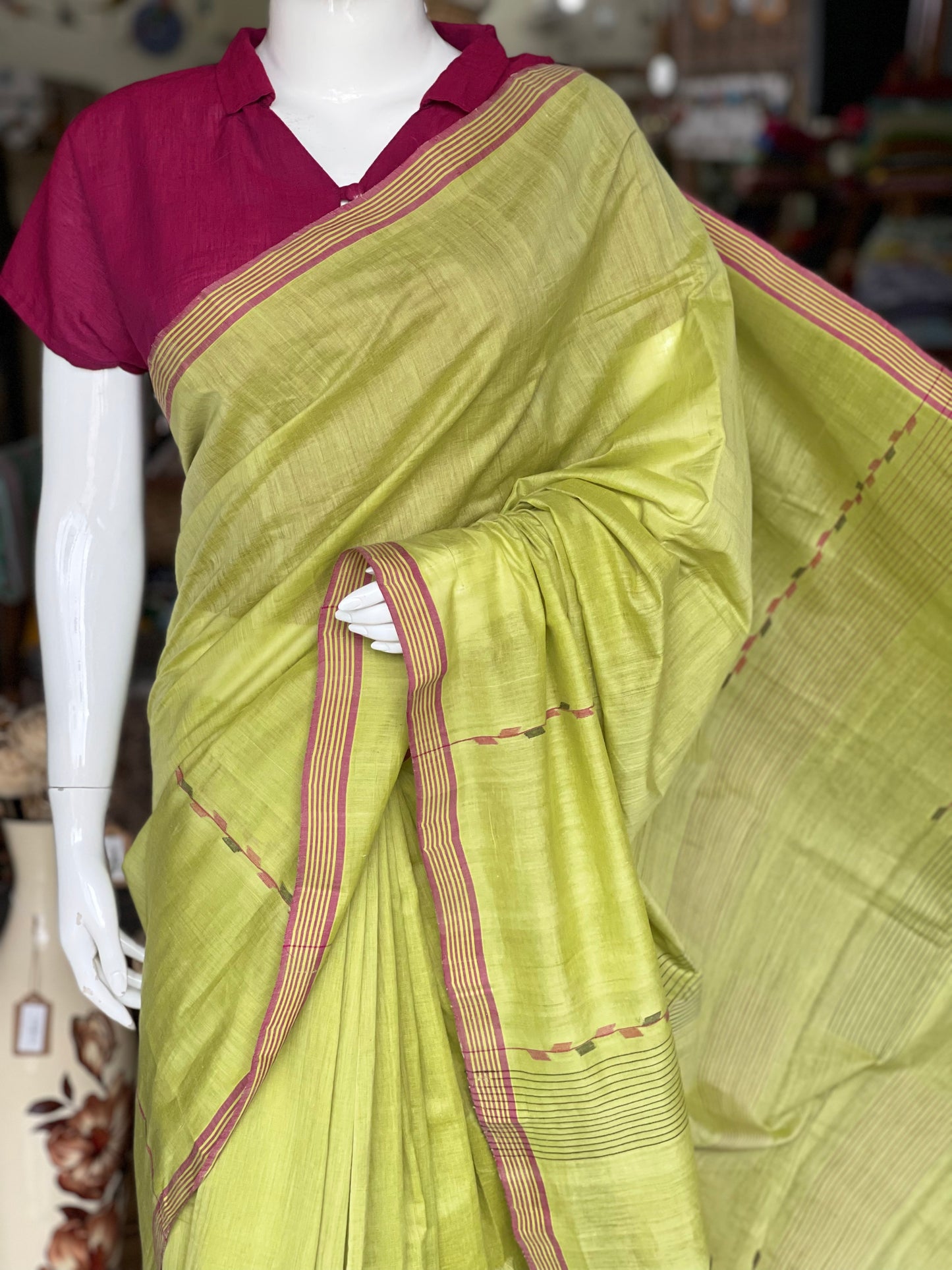 Green hand spun hand woven cotton saree with stripes border