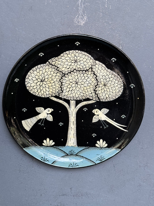 Black tree of life Patachitra hand painted round wooden wall plate