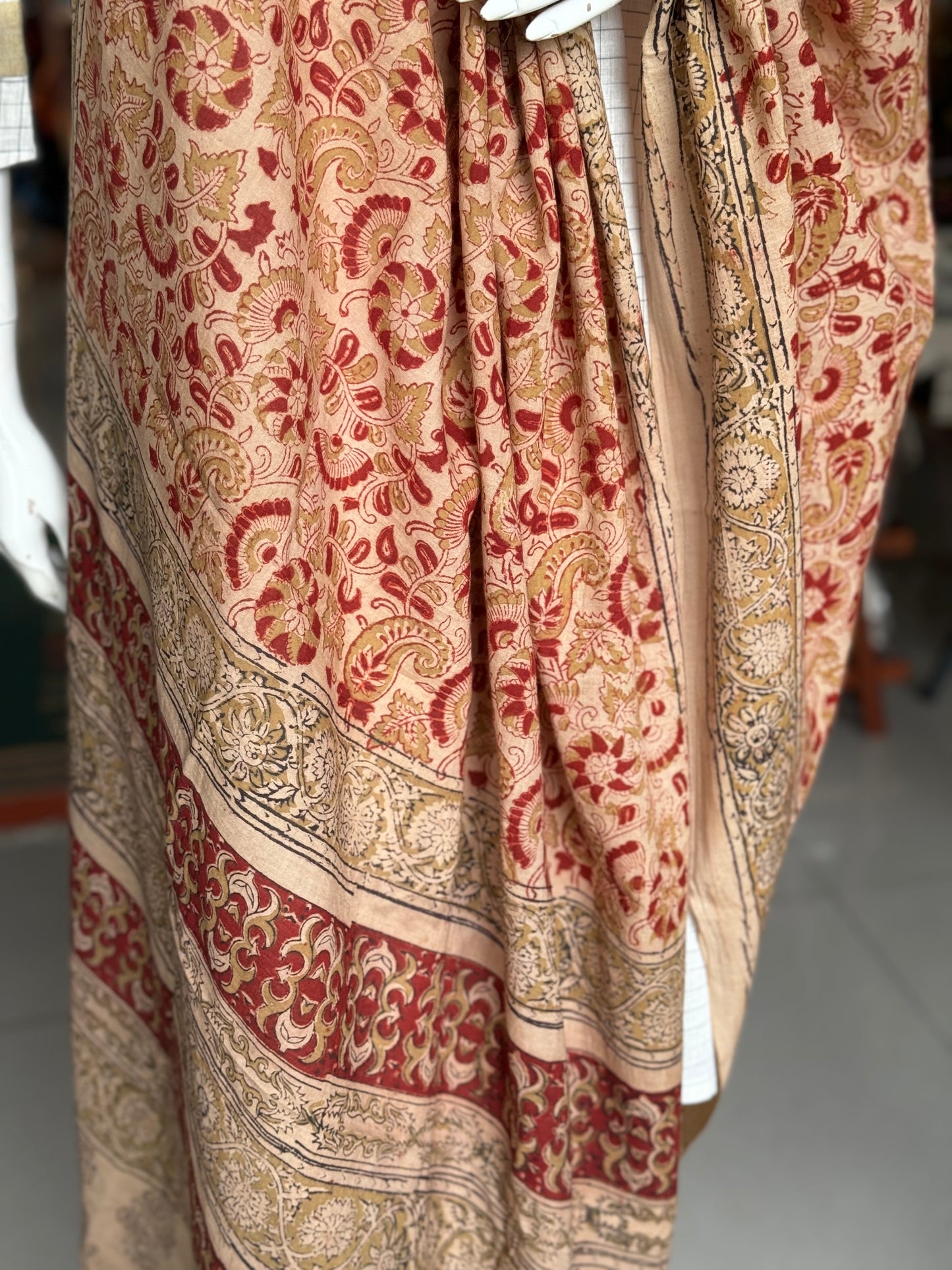 Beige cotton kalamkari handblock printed dupatta with natural dyes - maroon floral print
