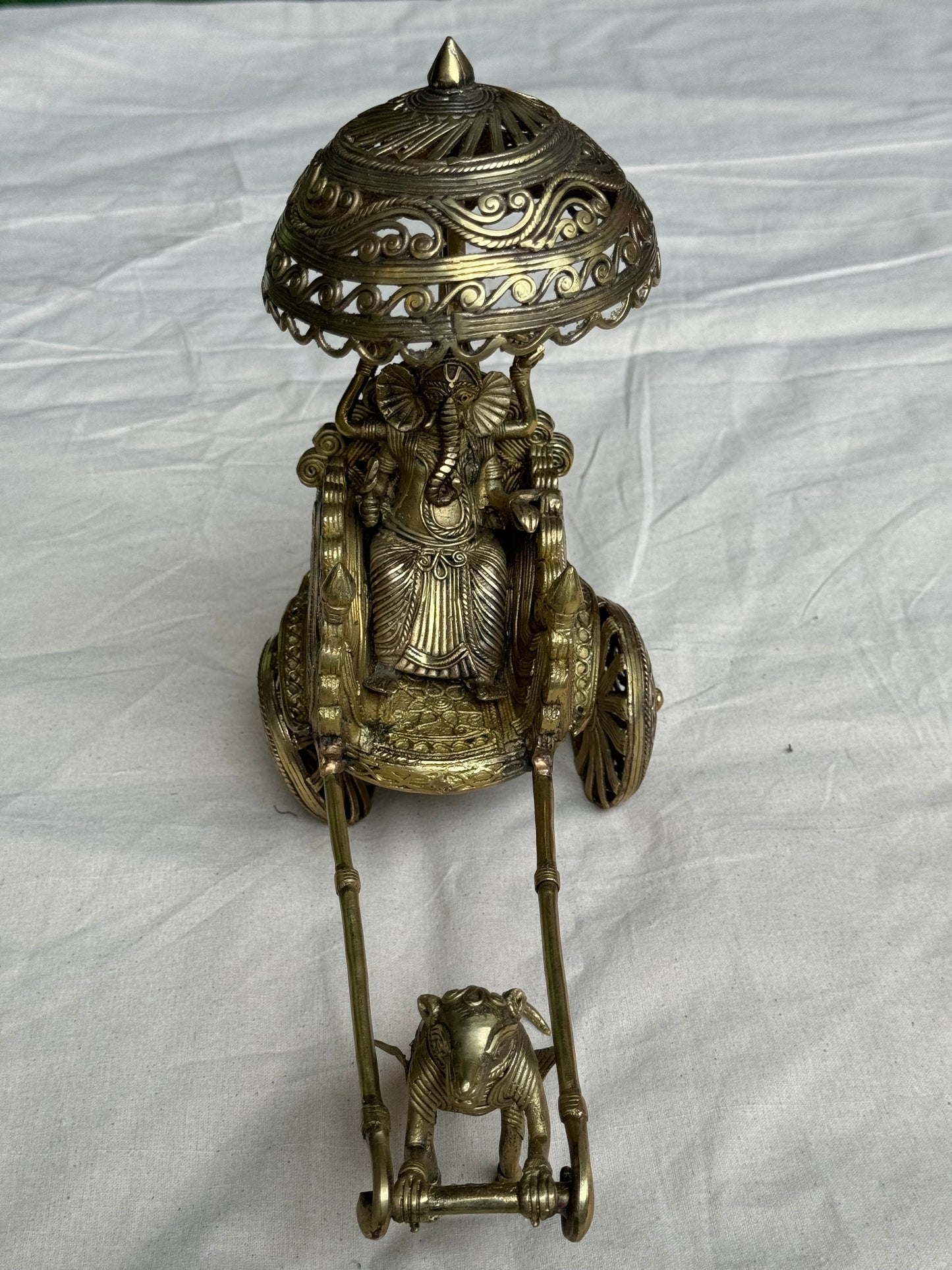 Ganesha on a rath/ chariot pulled by mooshika - brass dokra hand crafted decor