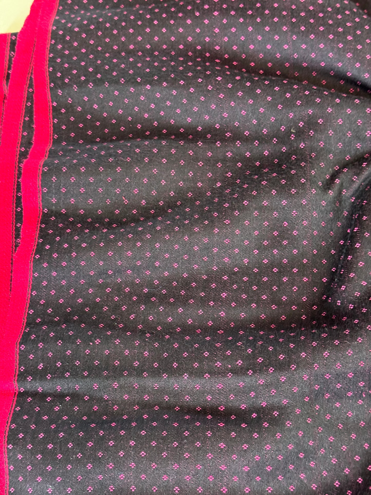 Black Mashru handwoven fabric with pink dots