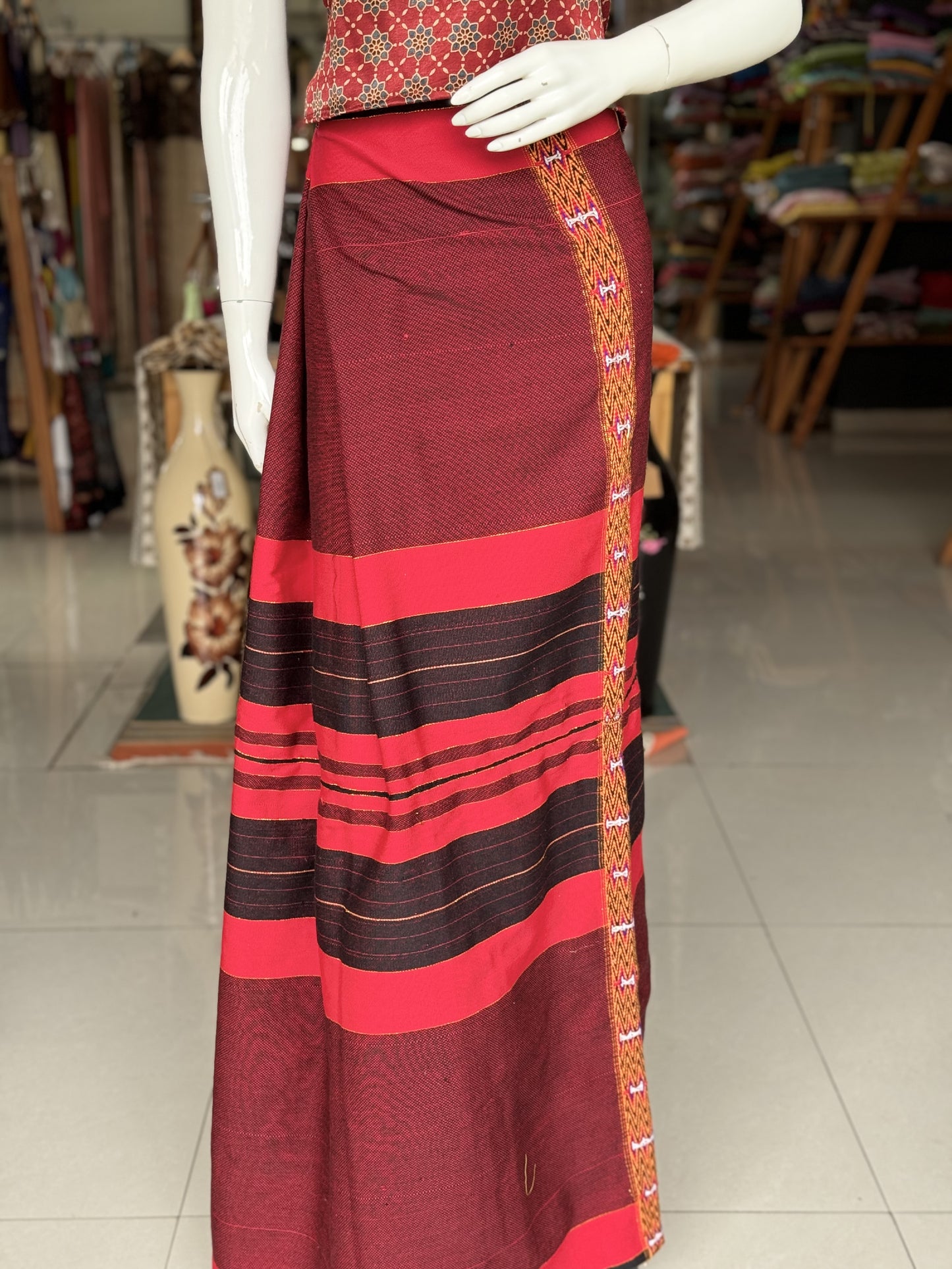Red hand woven Arunachal Pradesh soft and thick cotton wrap around skirt - free size