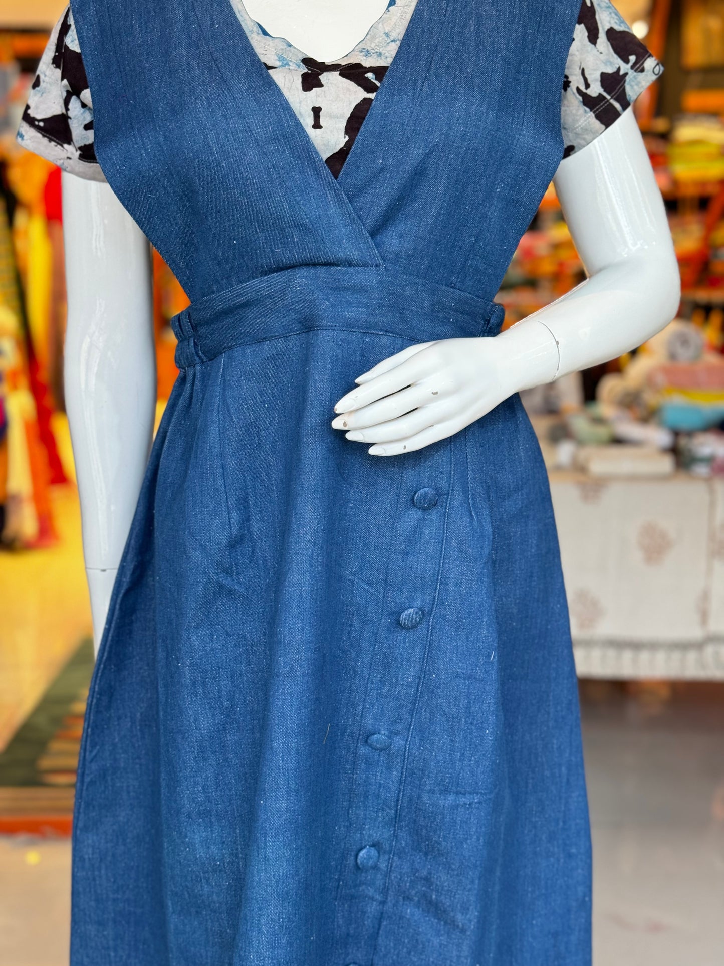 Denim pinafore dress in handloom natural dyed cotton