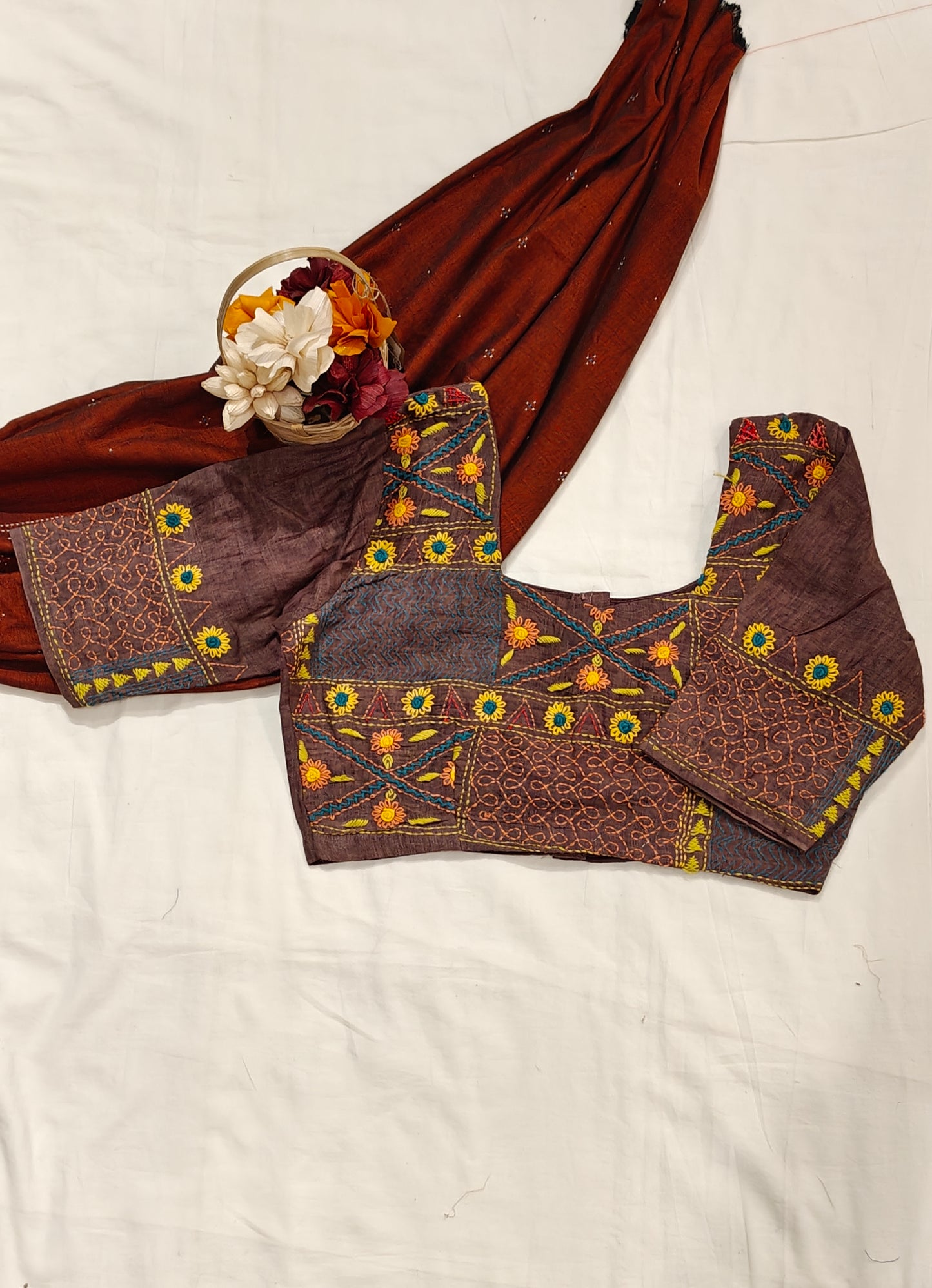 Plum floral hand kantha embroidered silk blouse
